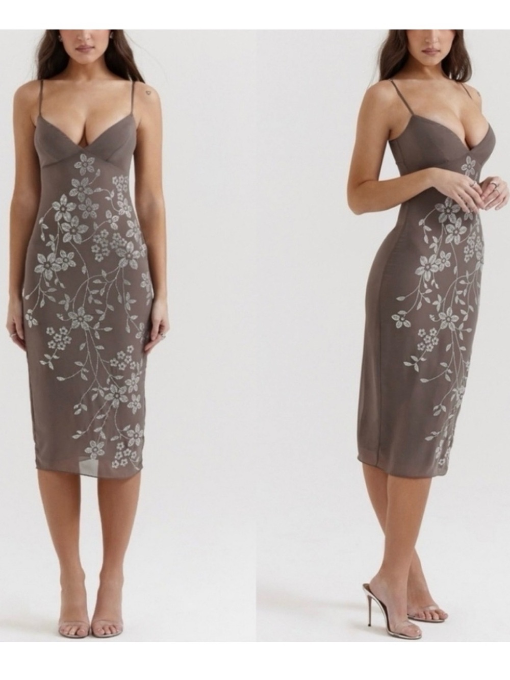 House of CB Bianca embellished Brown Floral Dress